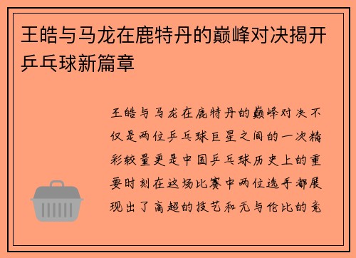 王皓与马龙在鹿特丹的巅峰对决揭开乒乓球新篇章
